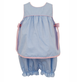 Petit Bebe Blue Gingham Apron Bloomer Set with Pink Side Bows