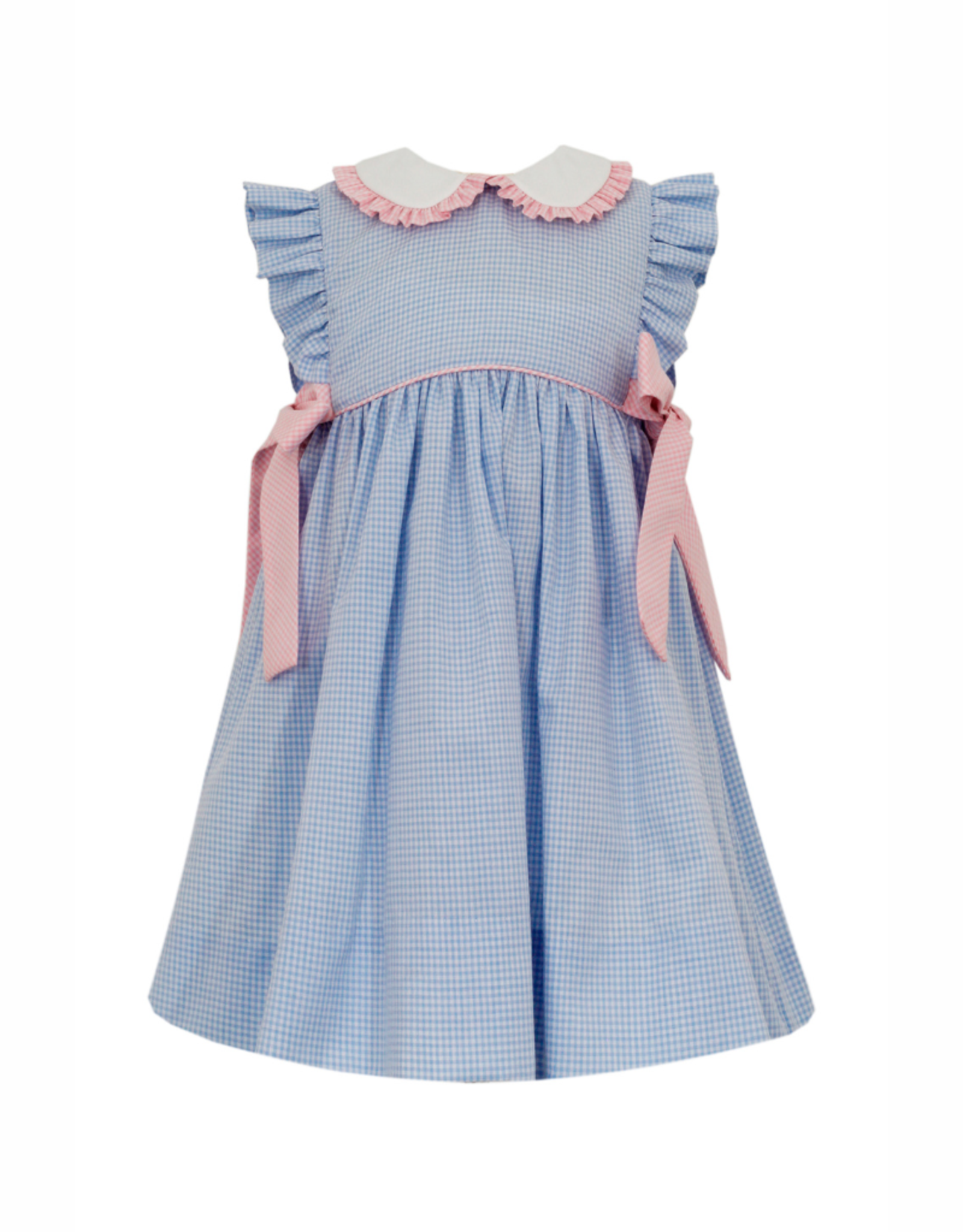 Petit Bebe Blue Gingham Apron Dress with Pink Side Bows