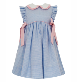 Petit Bebe Blue Gingham Apron Dress with Pink Side Bows