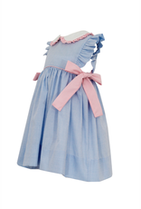 Petit Bebe Blue Gingham Apron Dress with Pink Side Bows