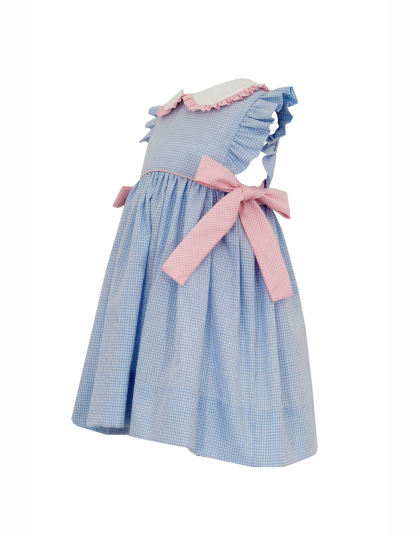 Petit Bebe Blue Gingham Apron Dress with Pink Side Bows