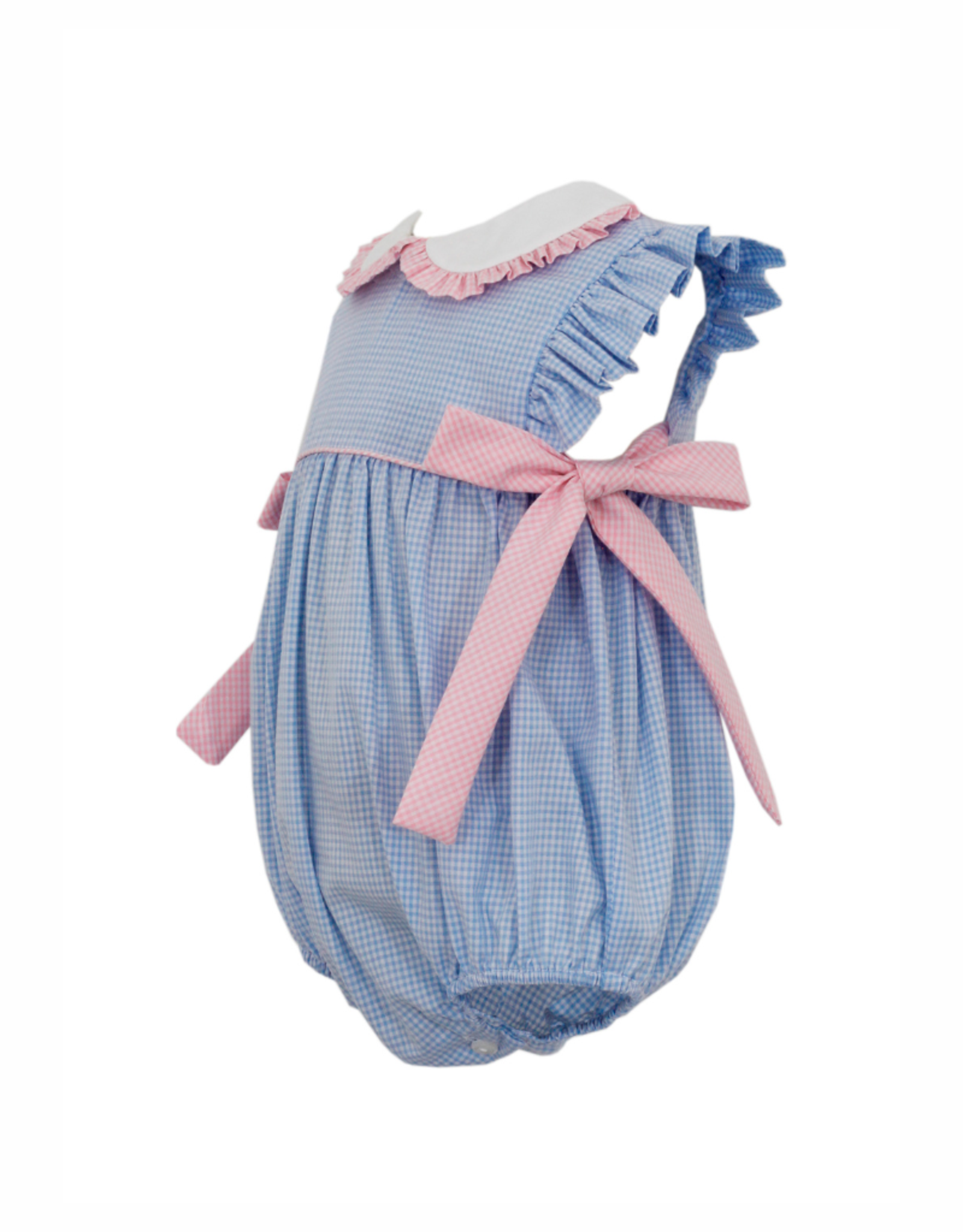 Petit Bebe Blue Gingham Bubble with Pink Side Bows