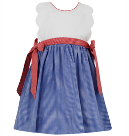 Petit Bebe Royal Blue Scallop Sundress with Red Gingham Side Bows