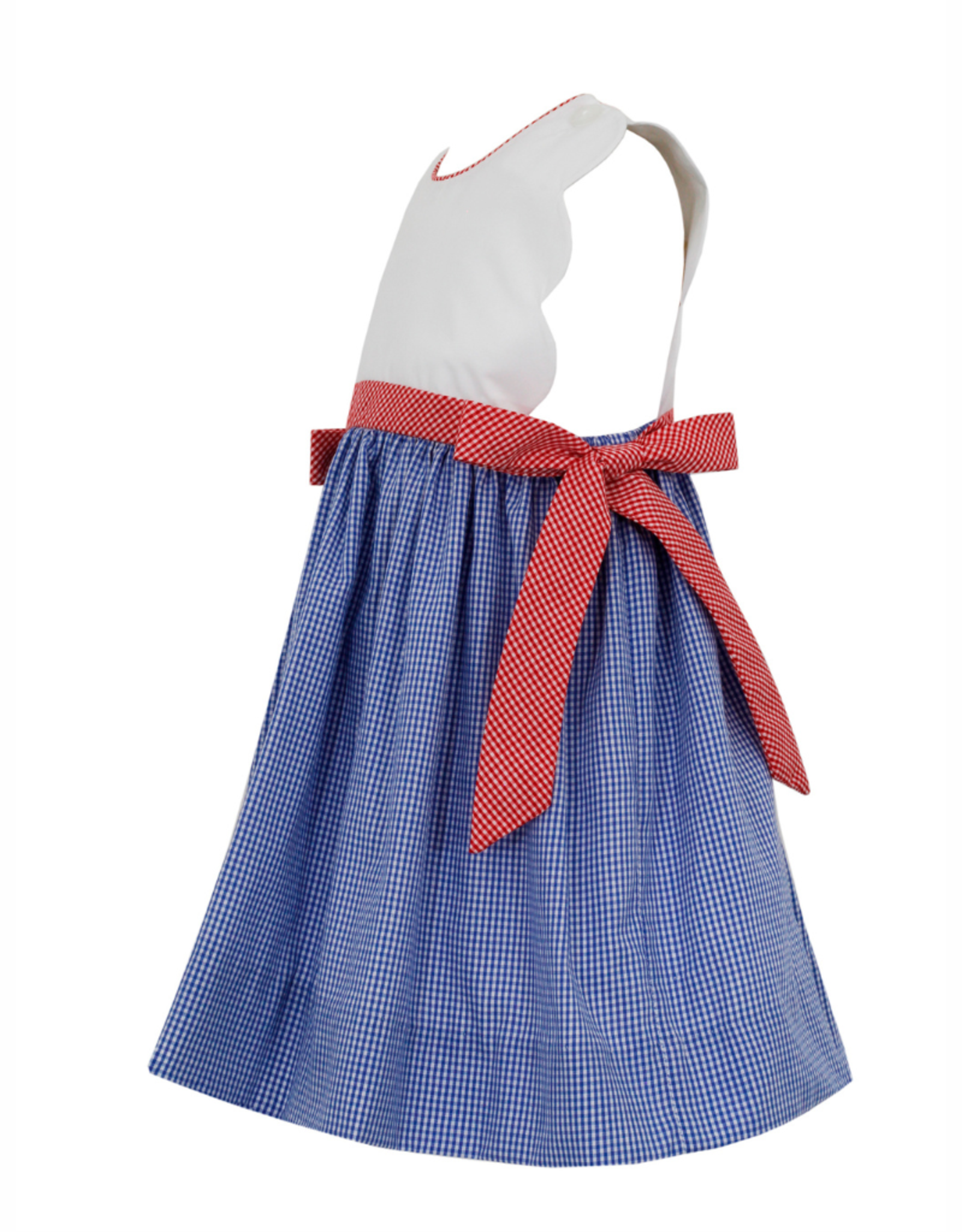 Petit Bebe Royal Blue Scallop Sundress with Red Gingham Side Bows