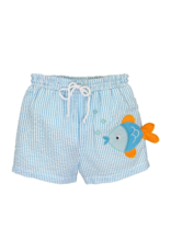 Petit Ami Aqua Blue Seersucker Fish Swim Trunks