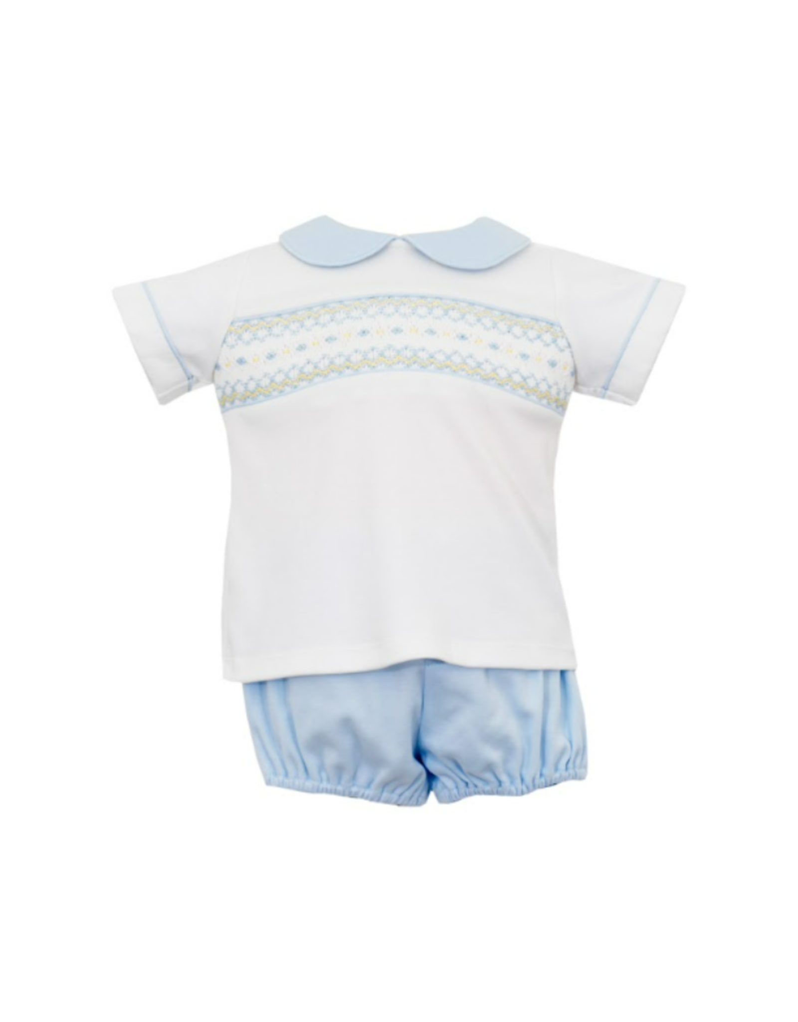 Petit Bebe White and Blue Knit Kevin Smock Diaper Set