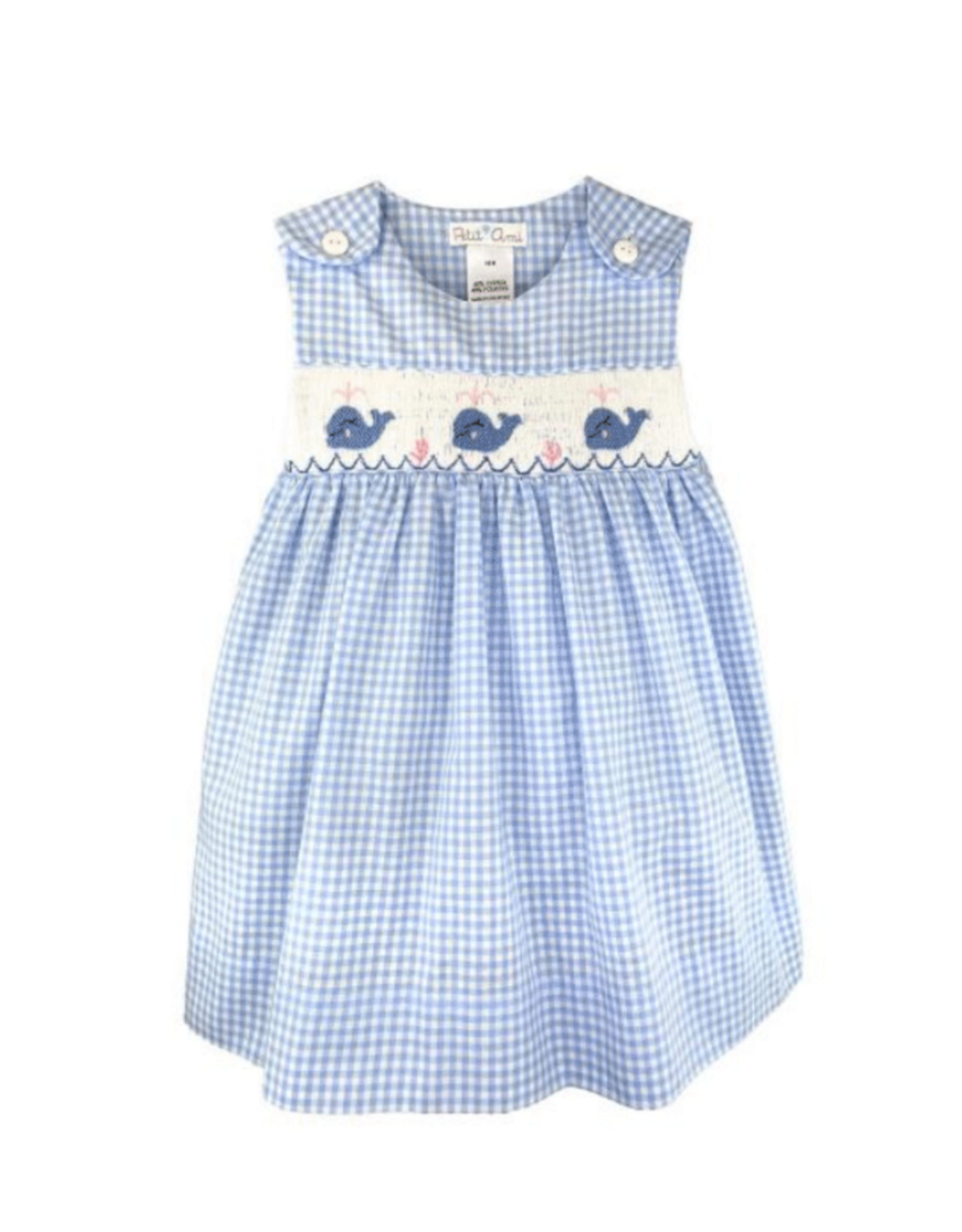 Petit Ami Blue Gingham Whale Smocked Dress