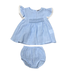 Babidu Blue Linen Flutter Sleeve w/ Lace Trim Set