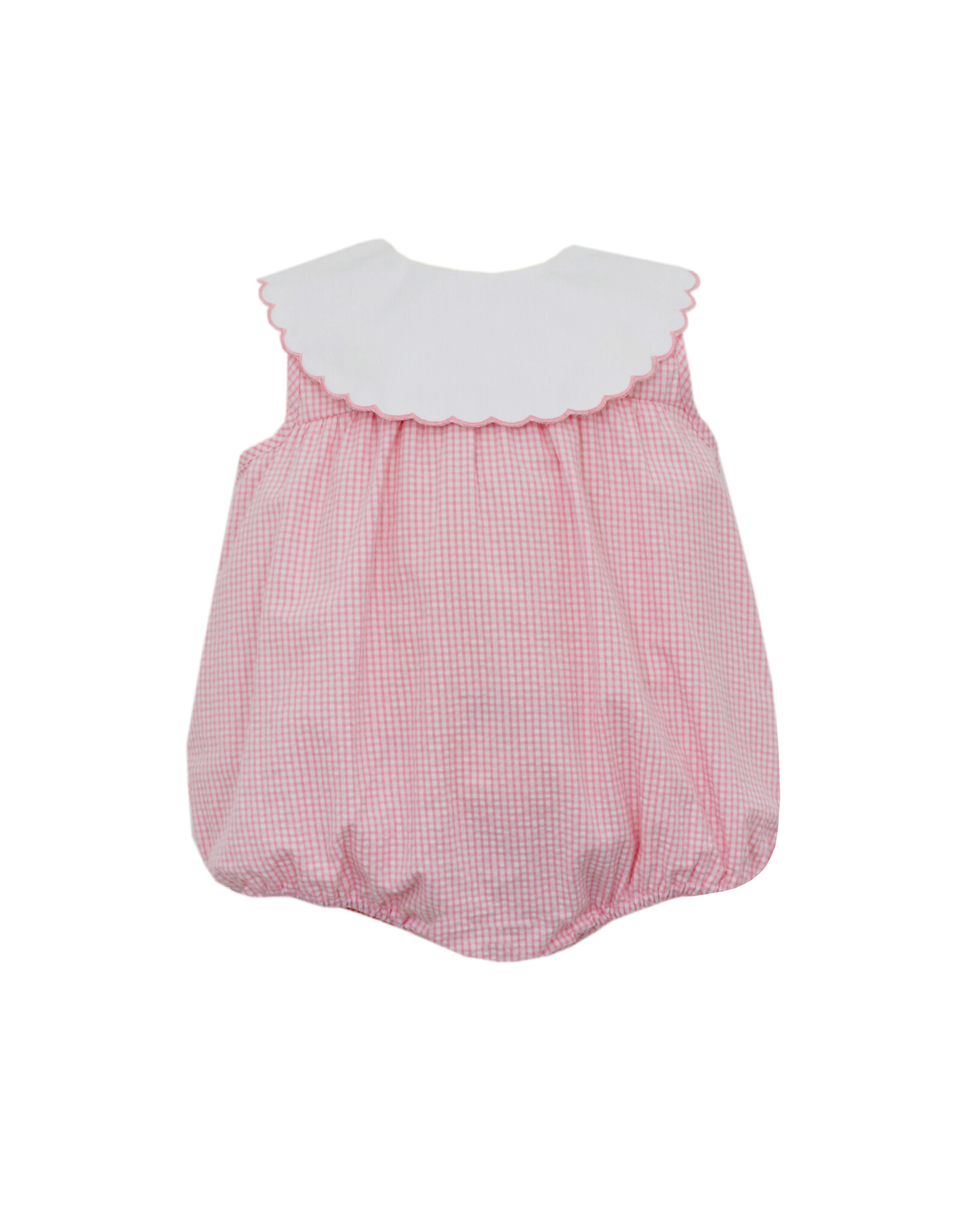 Claire and Charlie Pink Seersucker Gingham Bubble w/ Scalloped Collar