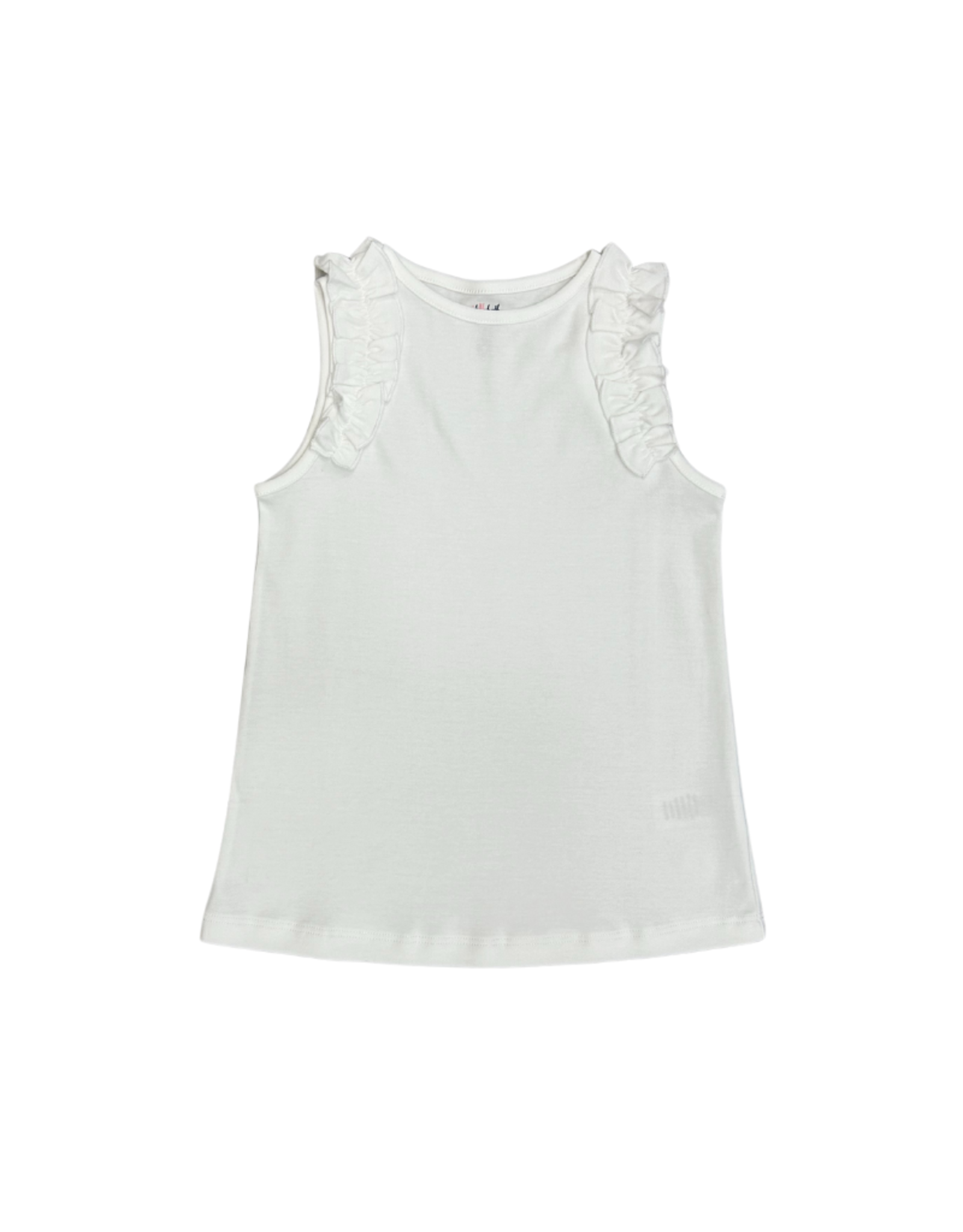 Be Elizabeth White Pima Ruffled Shoulder Sleeveless Top