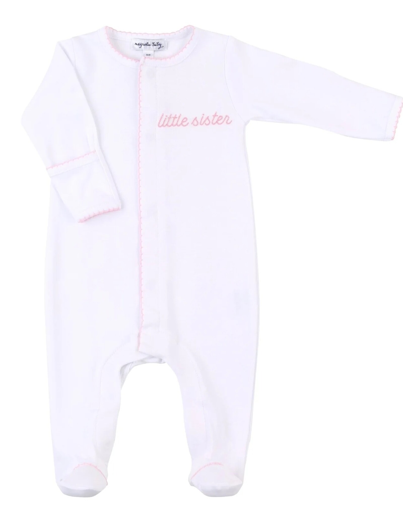 Magnolia Baby White Little Sister Pink Embroidered Footie