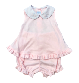 Auraluz Pink Knit Sleeveless Bloomer Set w/ Fish Emb Collar