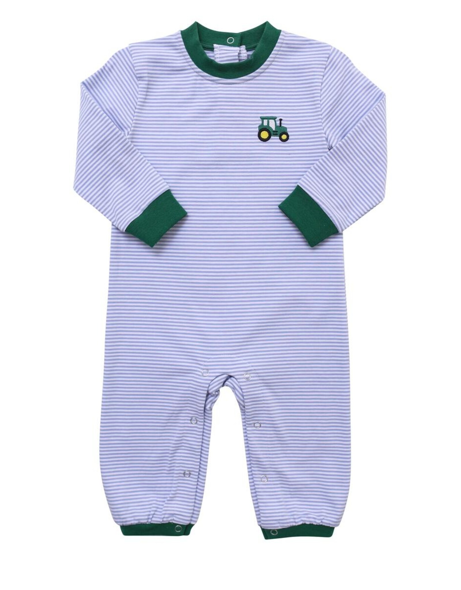 Itsy Bitsy Blue/White Stripe w/ Green Tractor Romper