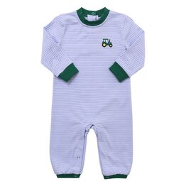 Itsy Bitsy Blue/White Stripe w/ Green Tractor Romper