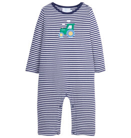 Little English Applique Romper - Tractor Grey Blue Stripe