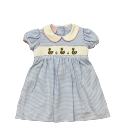 Petit Bebe Blue Stripe Mallards w/ Bow Smock Knit Dress