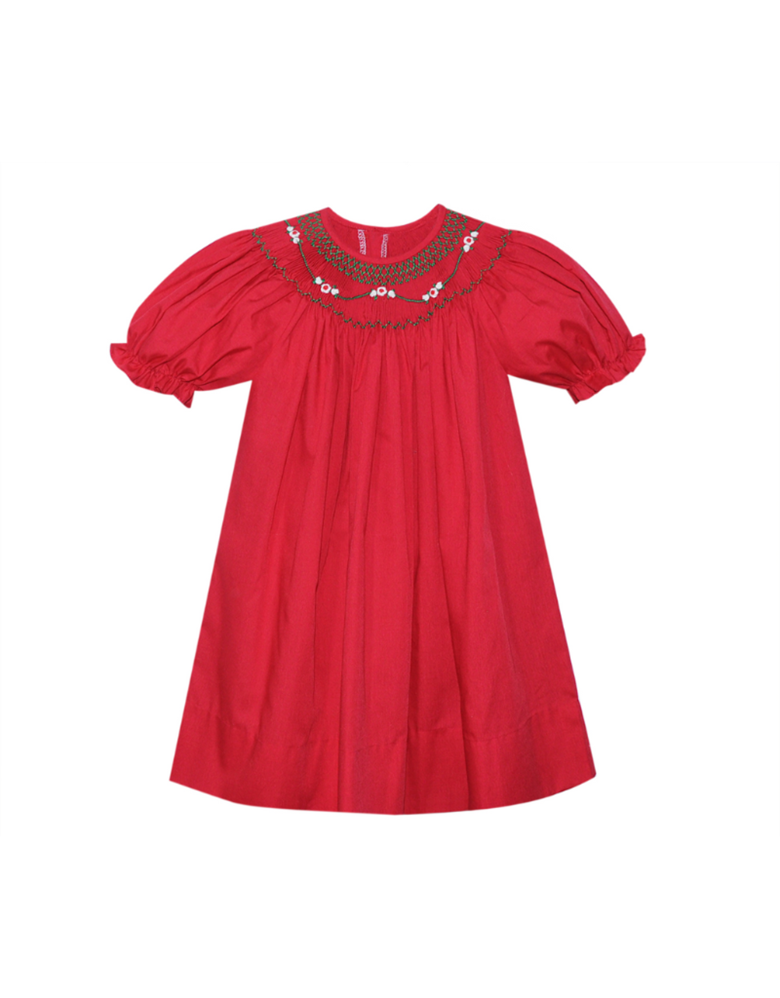 Phoenix & Ren Red Beatrice Bishop Dress - White Smocked Rose Buds