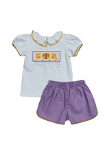 Southern Saturday Purple Gingham Smocked Tiger/Paws Ruffle Short Set