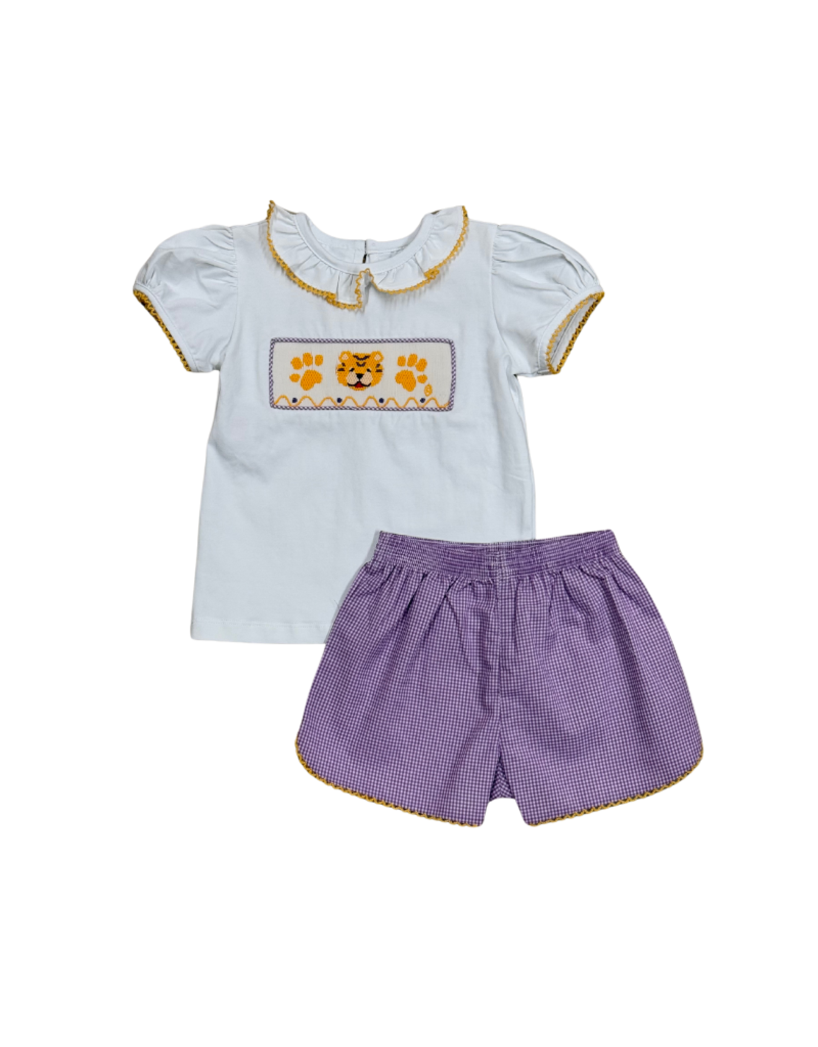 Southern Saturday Purple Gingham Smocked Tiger/Paws Ruffle Short Set