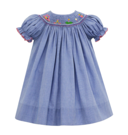 Petit Bebe Blue Check Smocked Golf Short Sleeve Bishop Dress