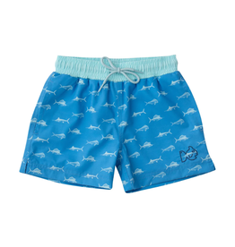 Prodoh Board Swim Trunk, Fish Print on Marina Blue