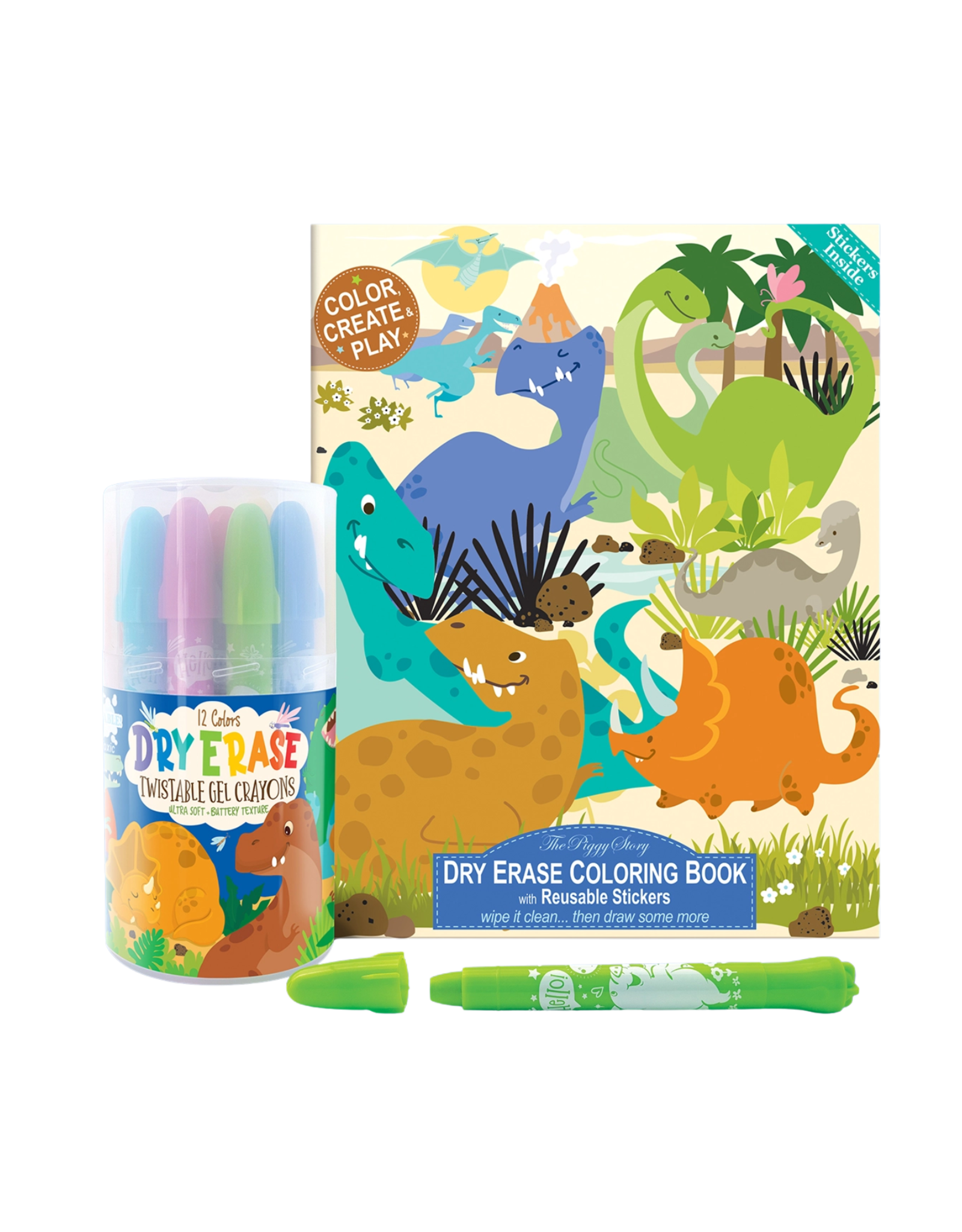 The Piggy Story Inc. Dry Erase Gel Crayons and Coloring Book, Dinosaur