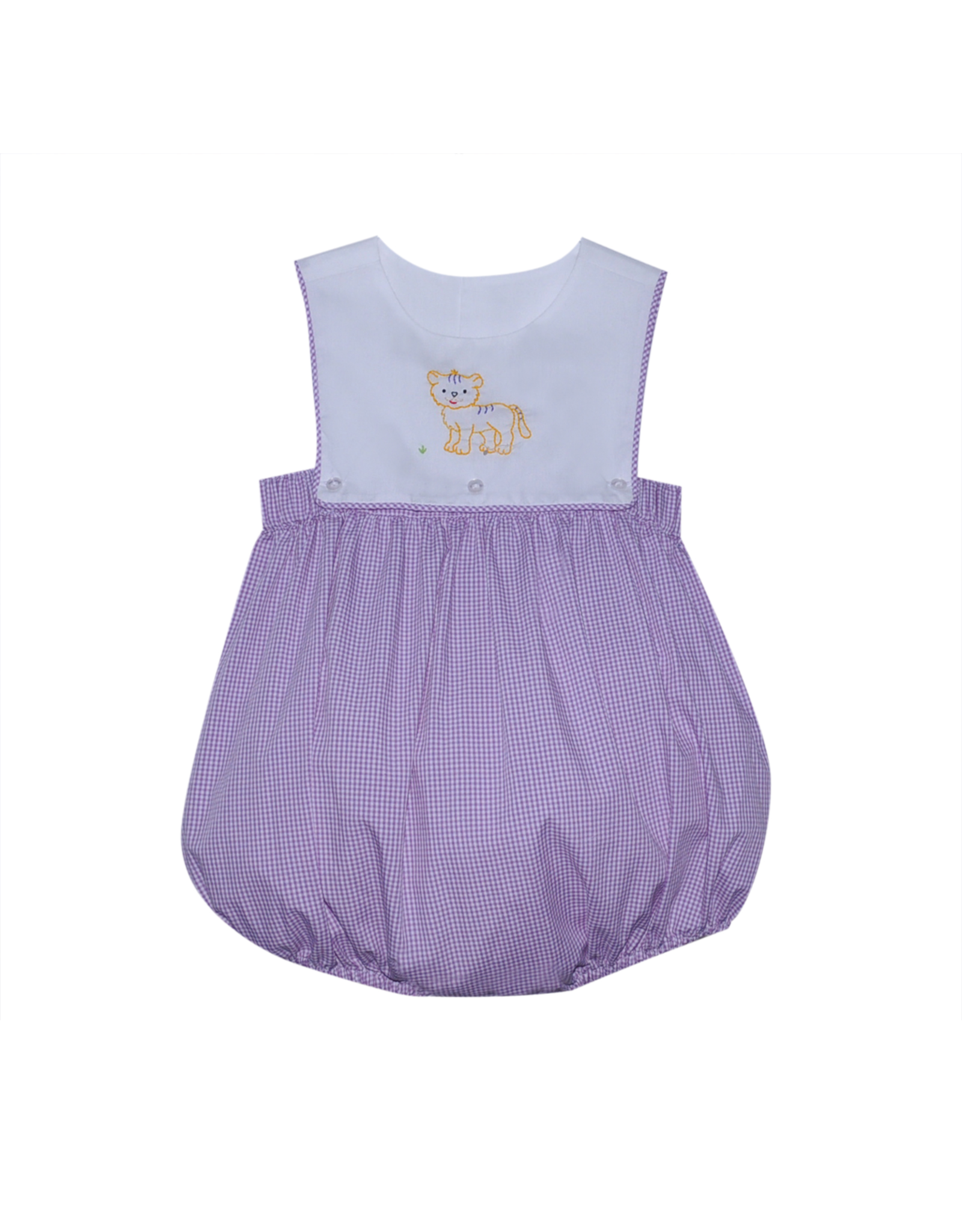 Southern Saturday Purple Gingham Boy Bubble with Embroidered Tiger