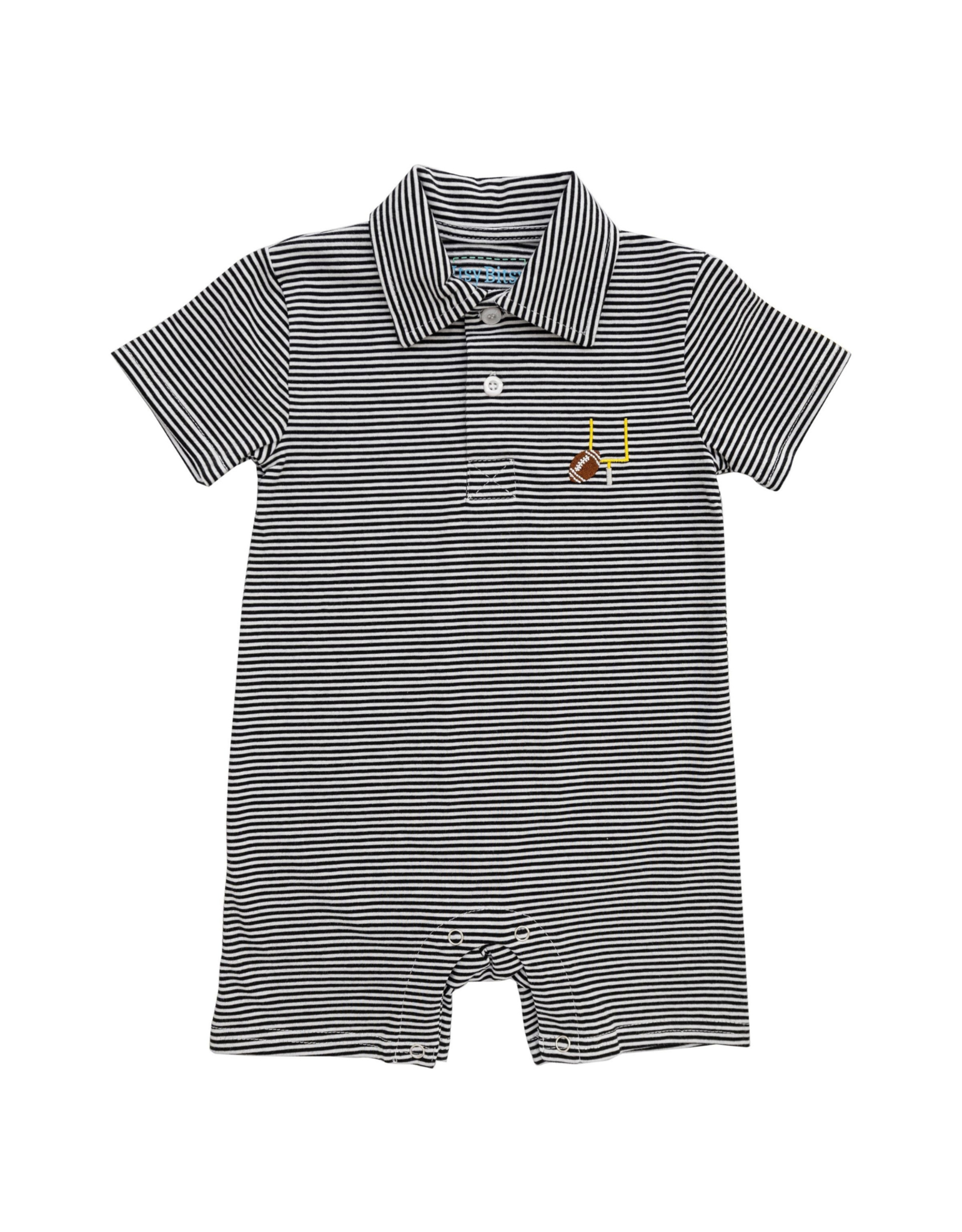Itsy Bitsy Black Stripe Game Day Polo Romper, Goal Post