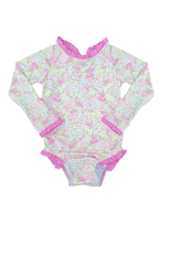 James and Lottie Leighton One Piece Rash Guard Swim, Fuchsia Floral - 12m