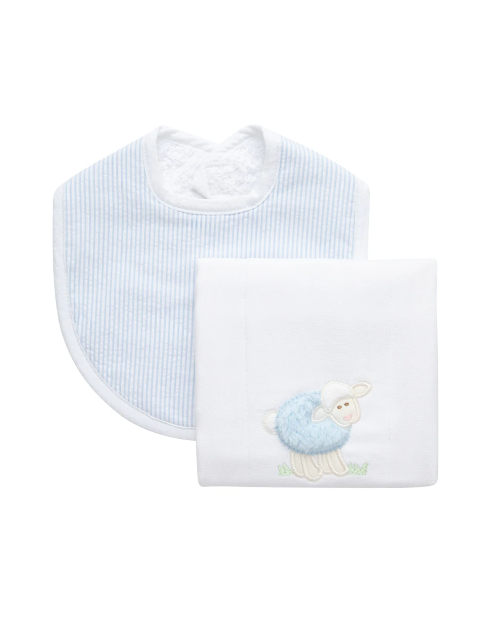 3 Marthas Blue Fur Lamb Burp Pad & Blue Check Bib Set