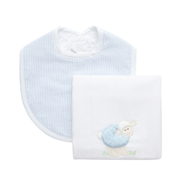 3 Marthas Blue Fur Lamb Burp Pad & Blue Check Bib Set