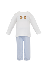 Petit Bebe Blue Knit Check Puppies Smock Pant Set