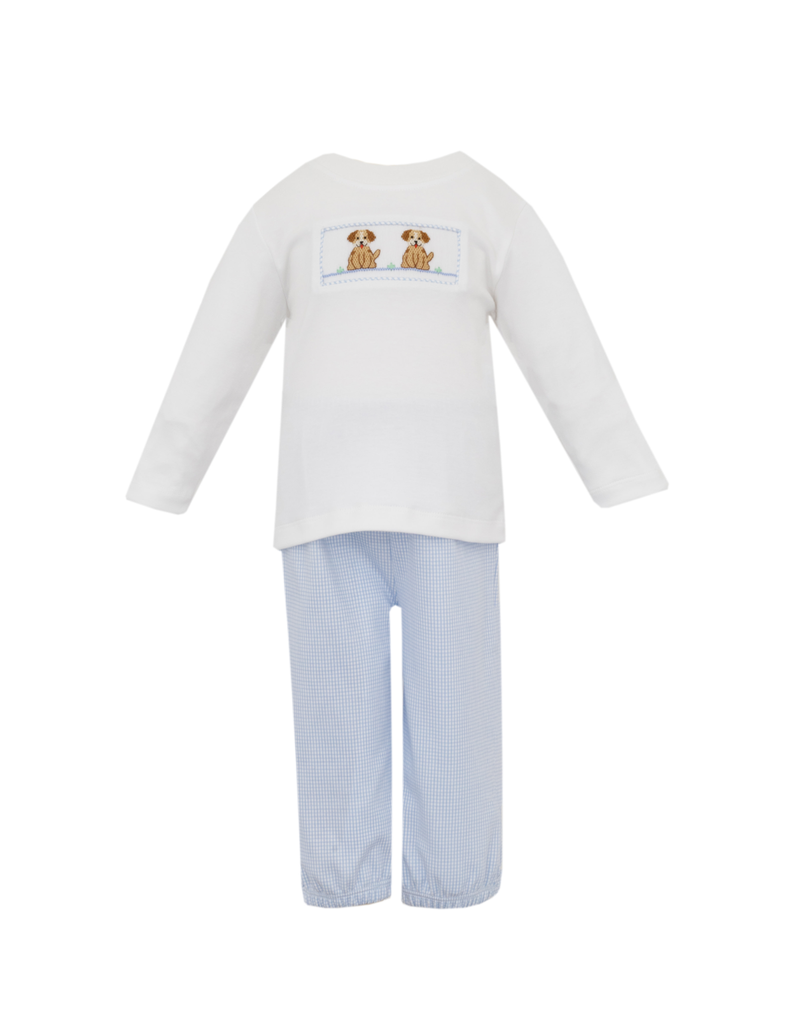 Petit Bebe Blue Knit Check Puppies Smock Pant Set