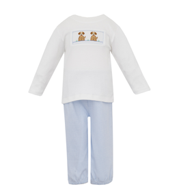 Petit Bebe Blue Knit Check Puppies Smock Pant Set