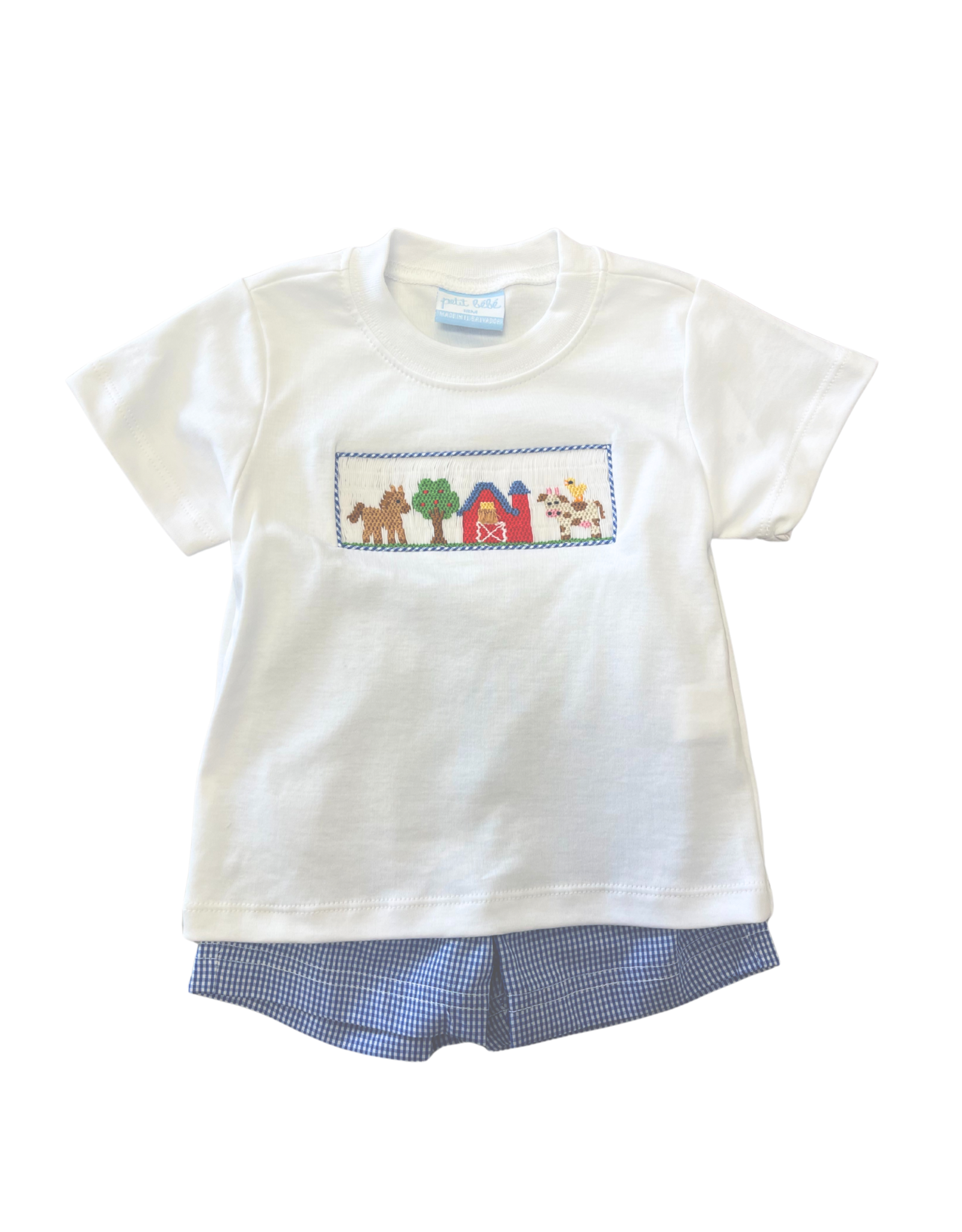Petit Bebe Royal Blue Gingham Farm Smock Short Set