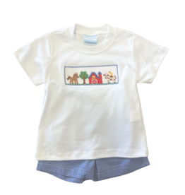 Petit Bebe Royal Blue Gingham Farm Smock Short Set