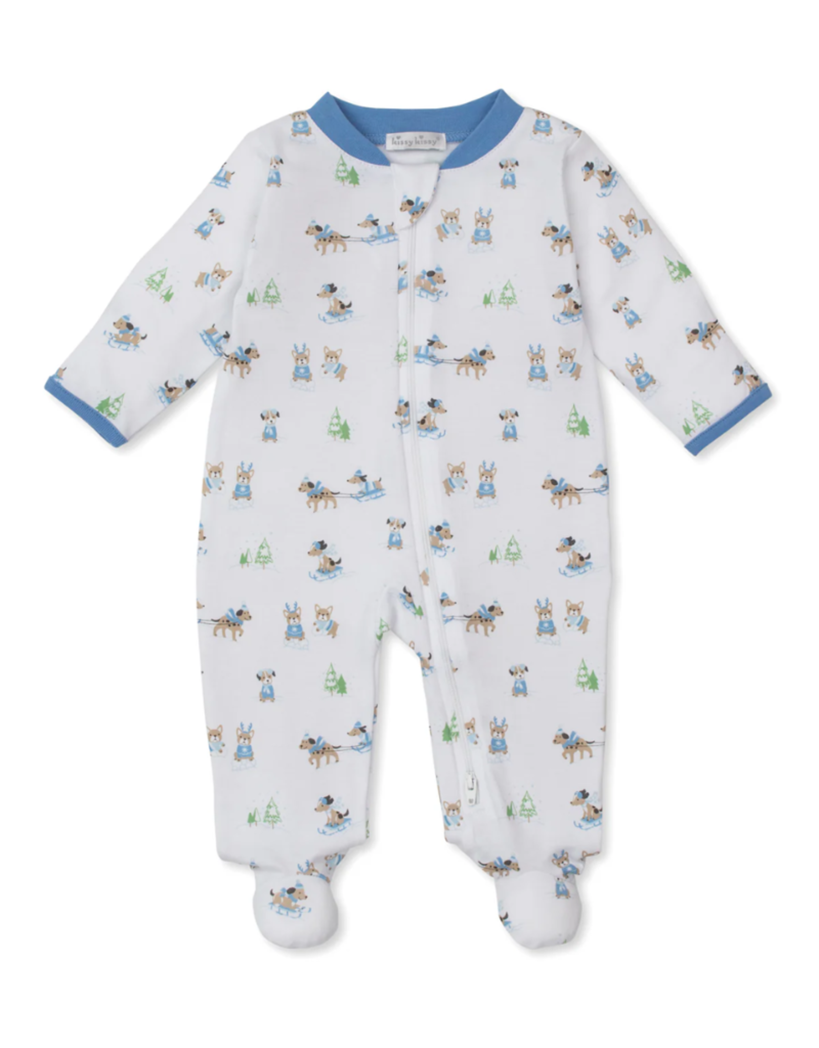 Kissy Kissy Puppy's Sleigh Riding Fun Zip Footie, Blue