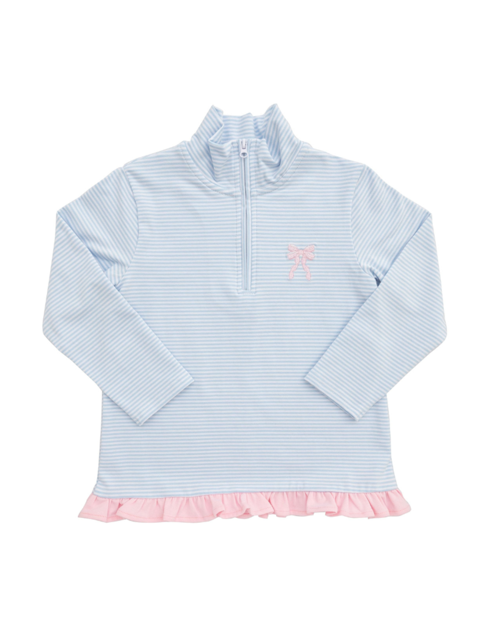 Itsy Bitsy Blue Stripe 1/4 Zip Bow Ruffle Pullover