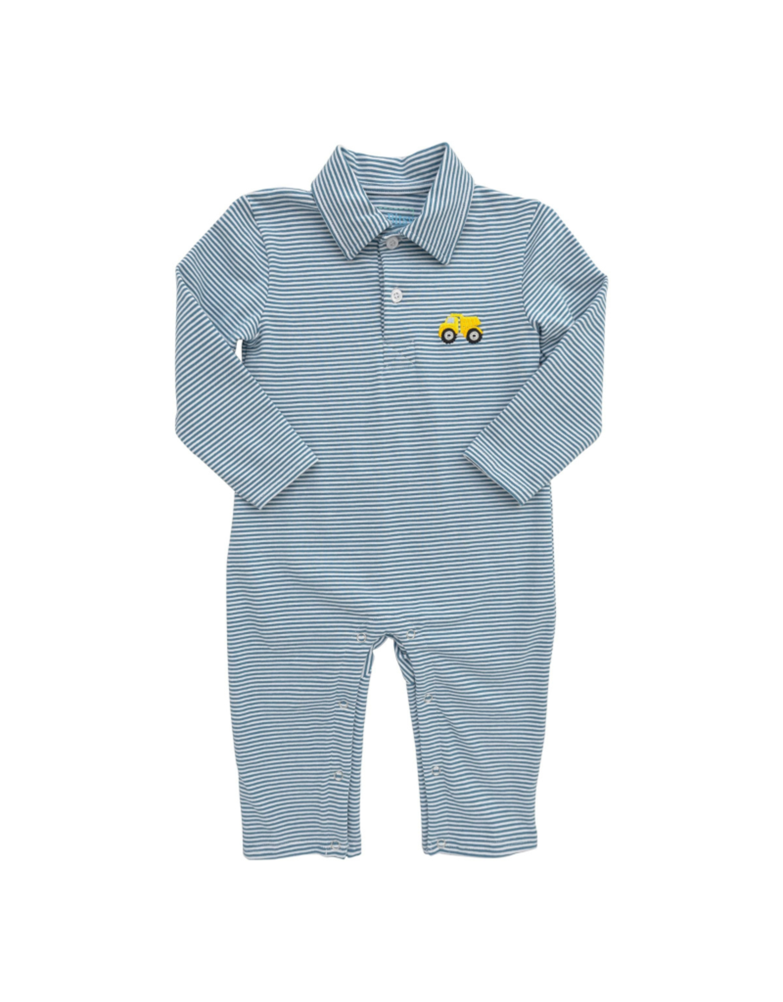 Itsy Bitsy Slate Blue Stripe Dump Truck Polo Romper