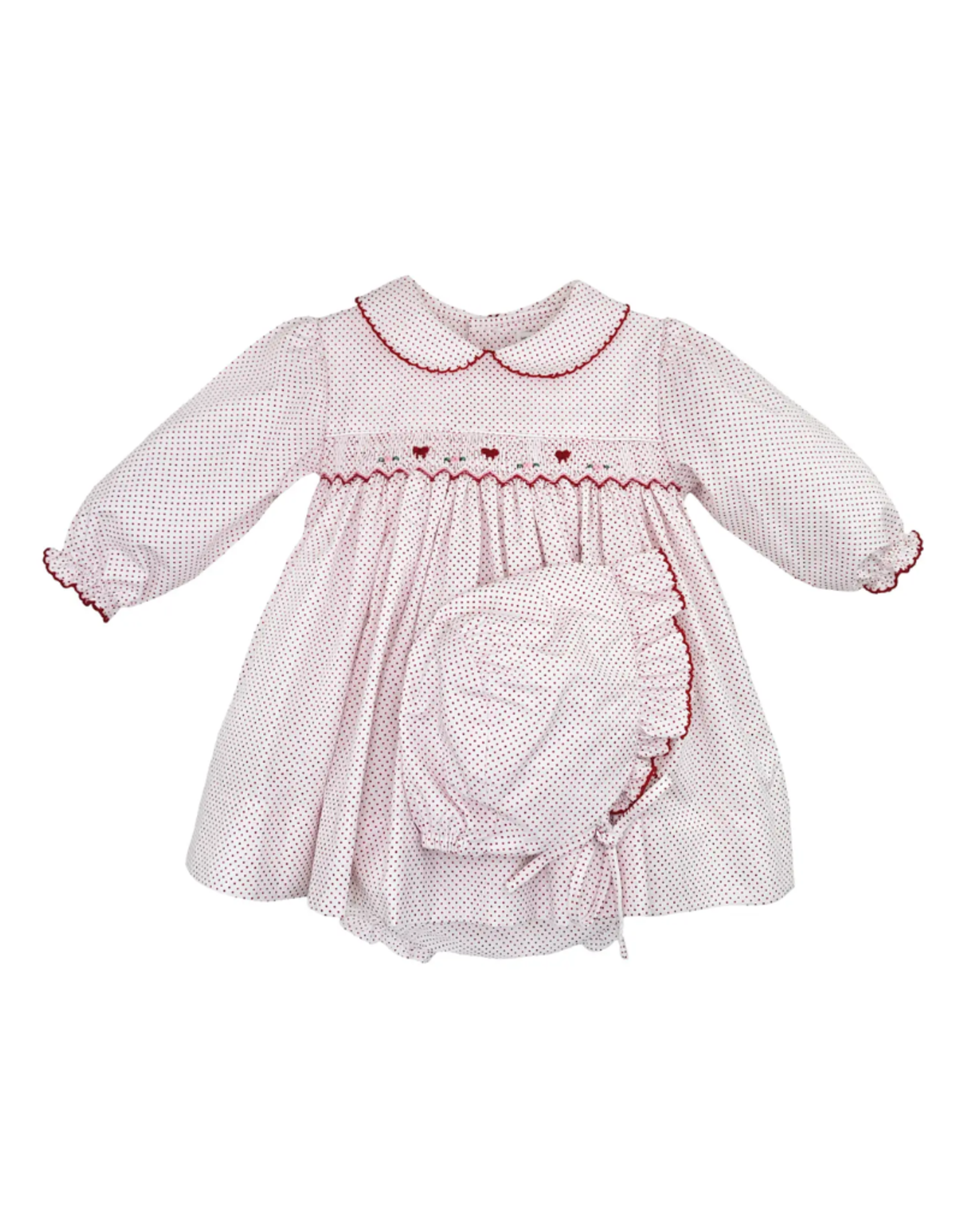 Petit Ami Red Bitty Dot LS Smocked Dress