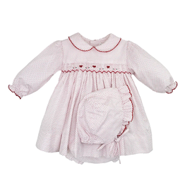 Petit Ami Red Bitty Dot LS Smocked Dress