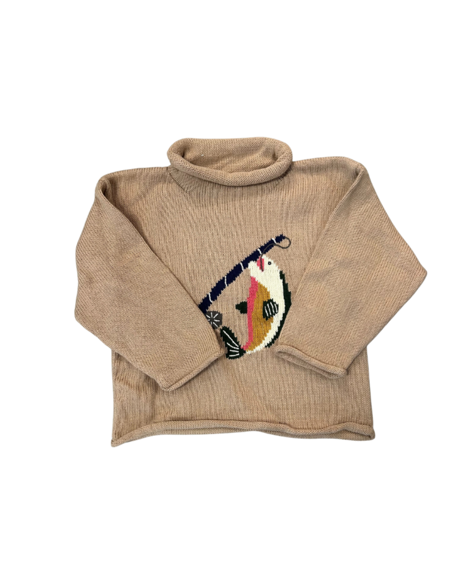 Luigi Tan Roll Neck Sweater, Fishing Pole & Trout