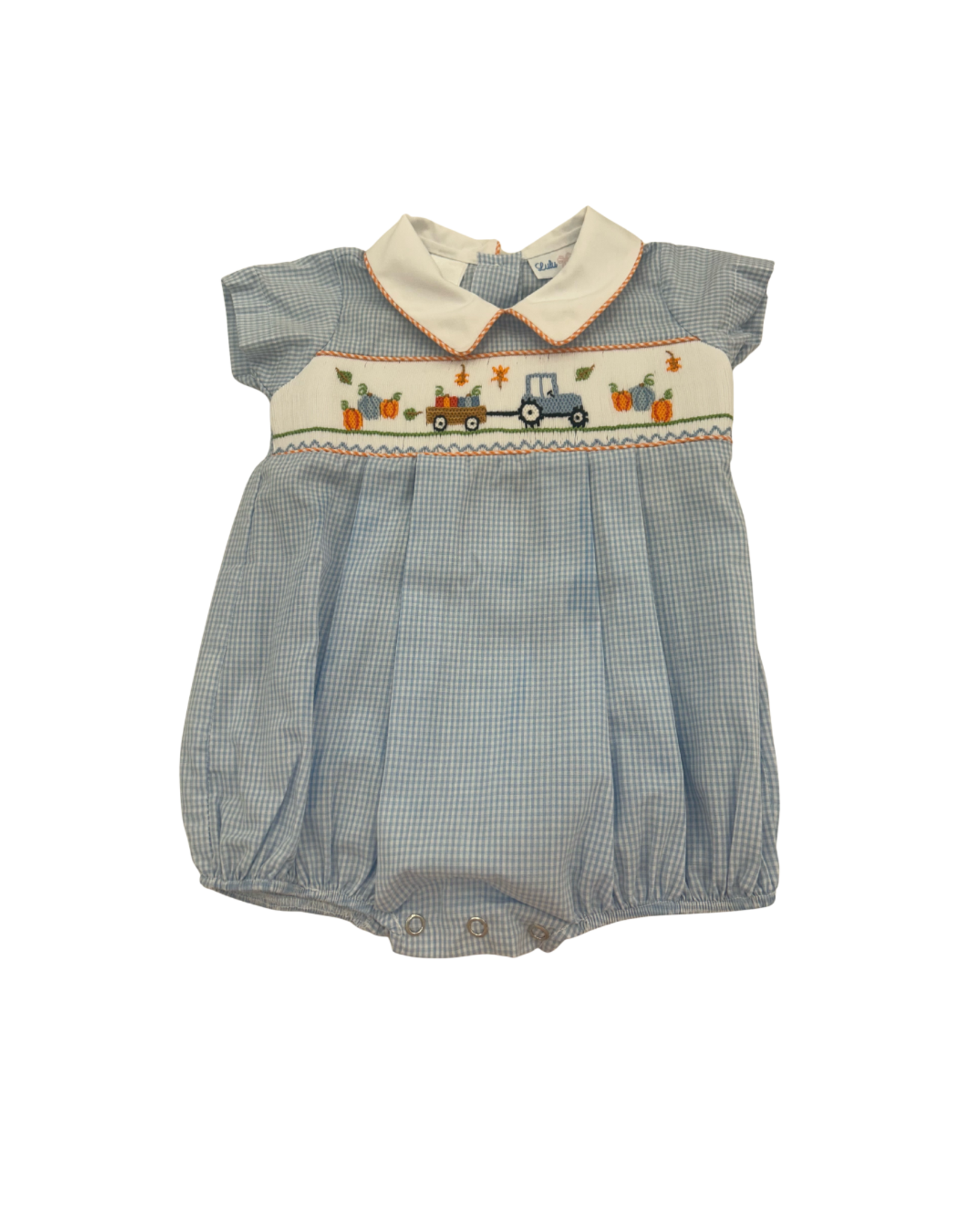 Lulu Bebe LLC Pumpkin Tractor Smocked Blue Boy Bubble