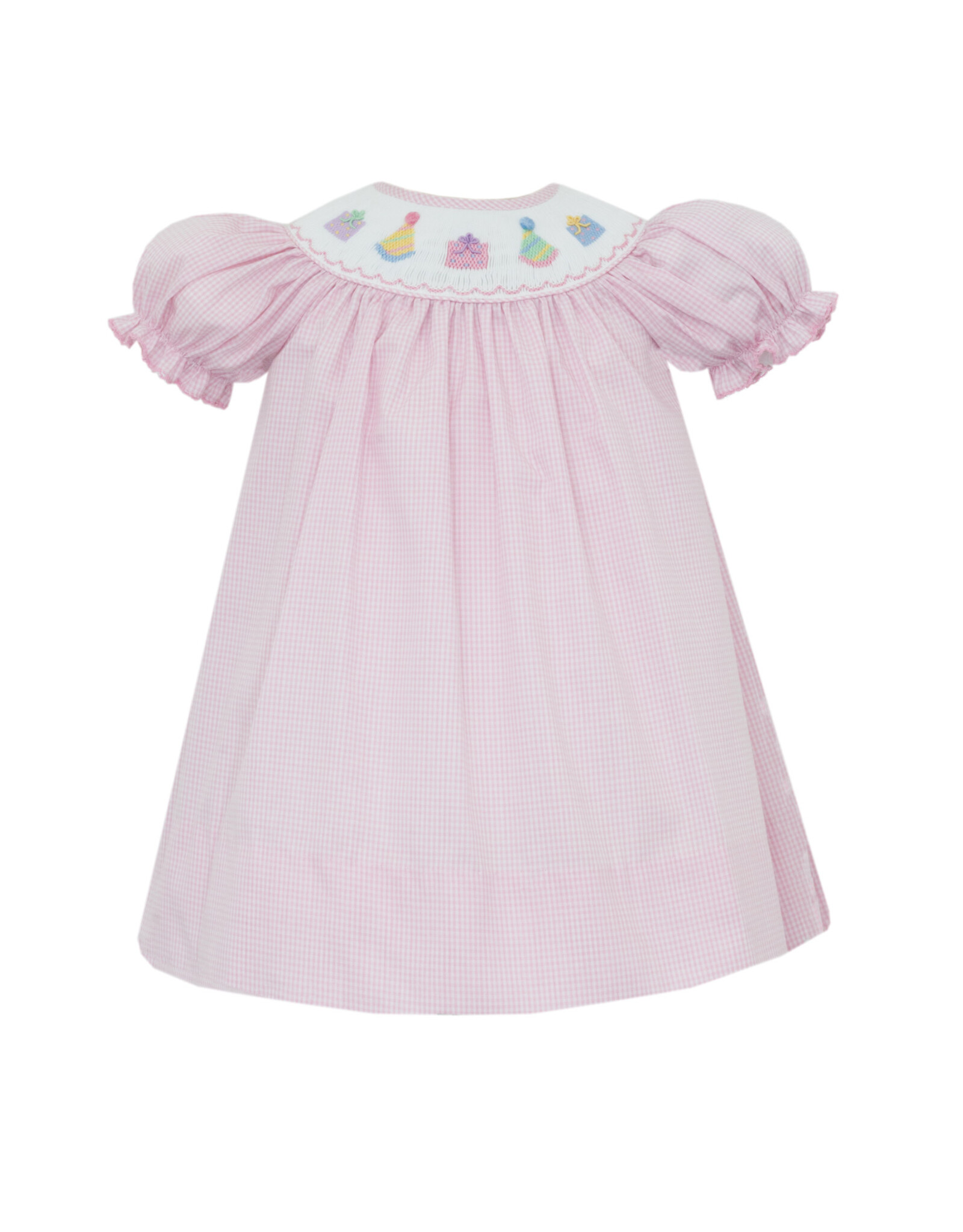 Petit Bebe Pink Gingham Birthday Bishop, Hats and Presents
