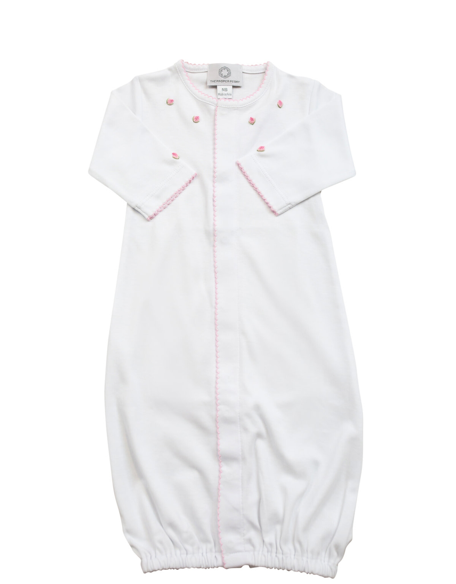 The Proper Peony White Pima Converter Gown with Pink Rosebuds