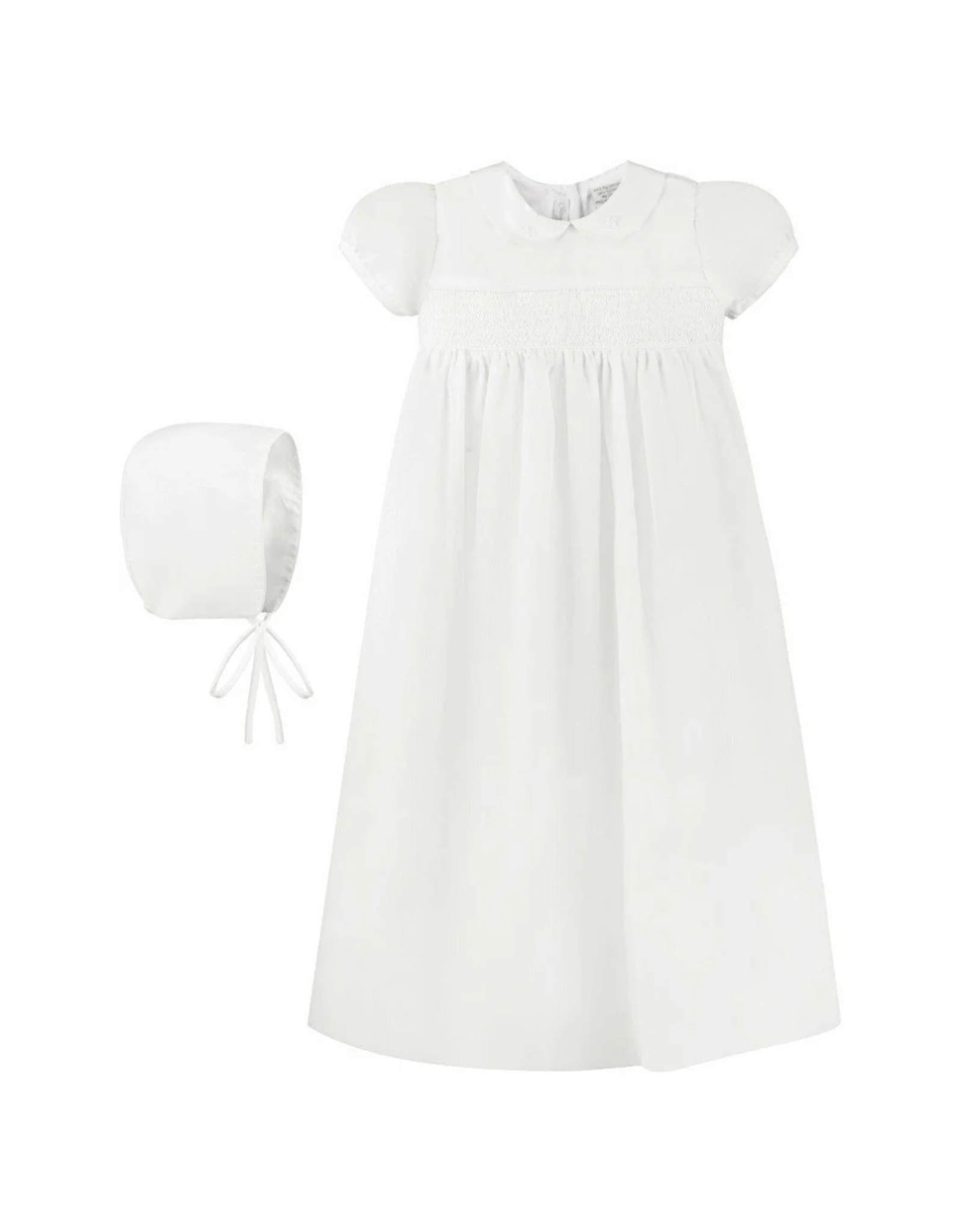 White Smocked Cross Girl Christening Gown with Bonnet