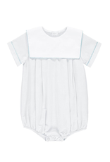 Boys Classic Monogram Creeper, White with Blue Trim