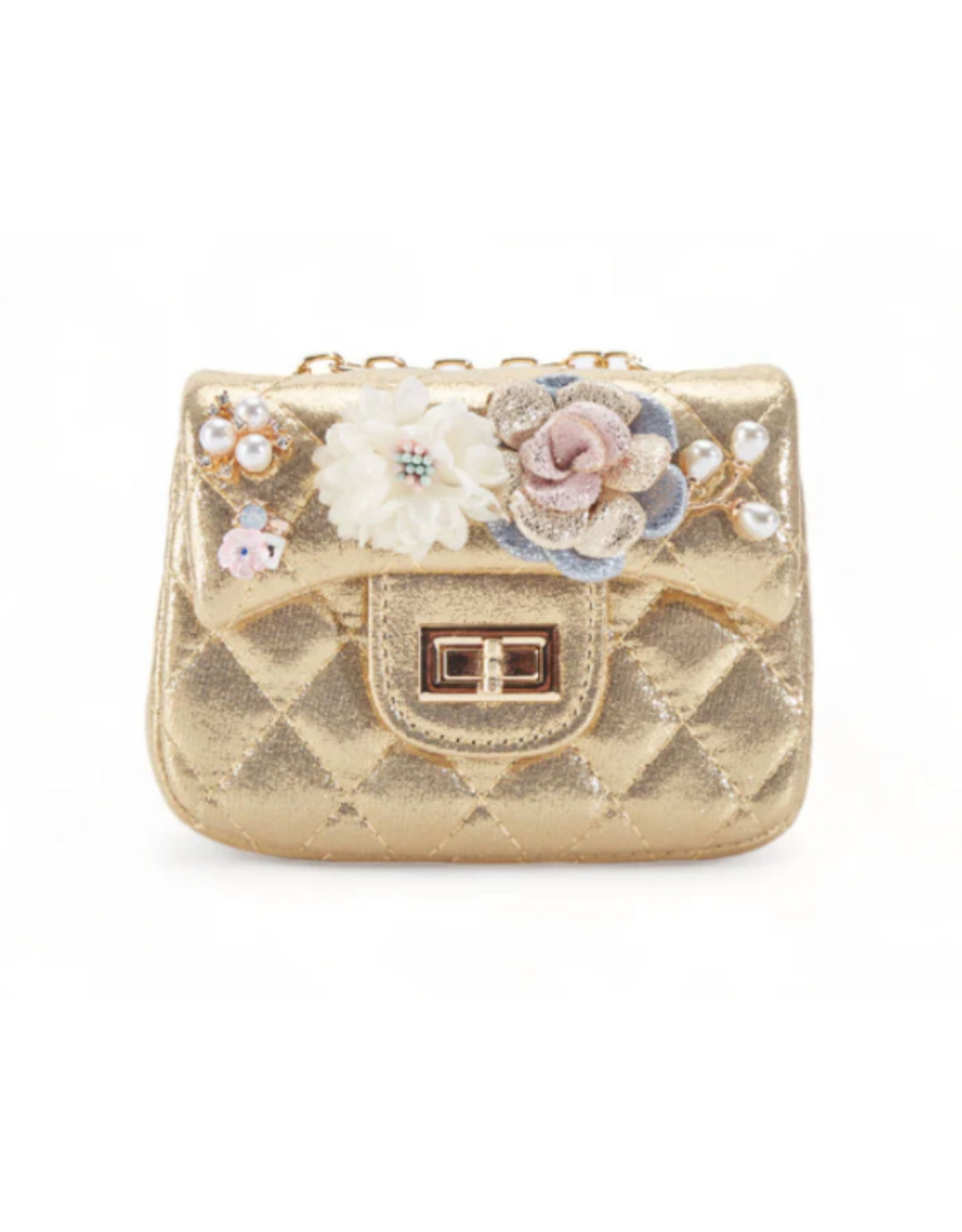 Doe a Dear Floral Shiny Quilted Purse Gold