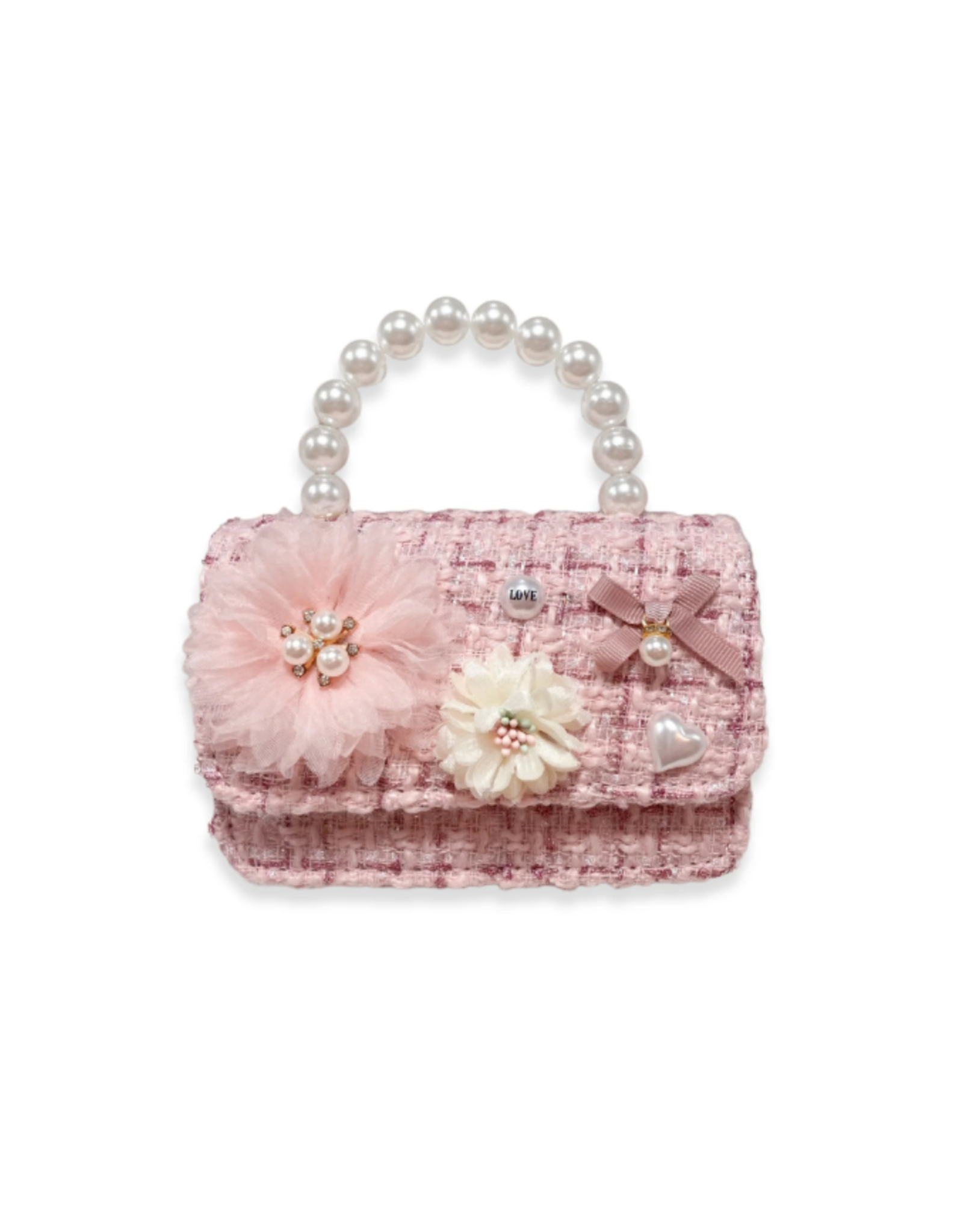 Doe a Dear Floral Appliques Tweed Purse Pink