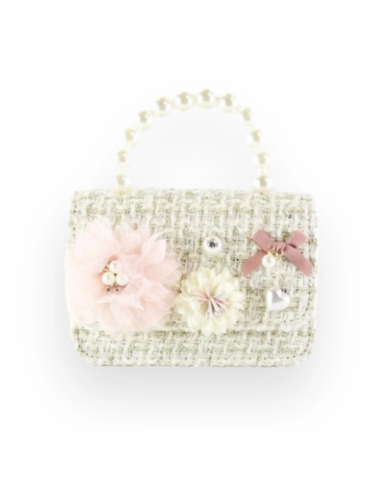 Doe a Dear Floral Appliques Tweed Purse Beige